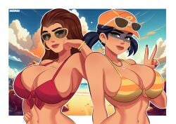 2girls beach boardwalk_ruby_(fortnite) breasts cleavage deckman detailed_background fastball female female_only fortnite hat high_resolution large_breasts looking_at_viewer mrdeck multiple_girls ruby_(fortnite) sunglasses tinted_eyewear very_high_resolution