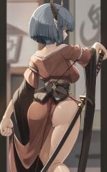 asian asian_clothing asian_female ass ass_focus back_view bare_ass bare_legs big_breasts blue_hair bob_cut genek horns katana long_sleeves looking_at_viewer looking_back panties petite petite_body petite_female sideboob skirt skirt_lift skirt_pull teenager traditional_clothes