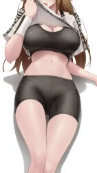 bike_shorts black_shorts black_sports_bra brown_hair crop_top female highres hololive hololive_dance_practice_uniform hololive_gen_0 hololive_japan large_breasts long_hair midriff somebody_(leiking00) spats sports_bra sweat sweatband tokino_sora virtual_youtuber