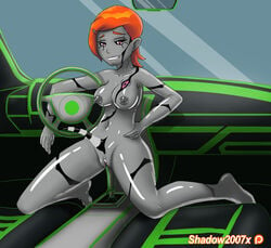 1girls 2017 ben_10 ben_tennyson blush cartoon_network commission cousins ectonurite female femdom gearstick ghostfreak green_eyes gwen_tennyson gwenfreak hairclip highres kneeling large_breasts latex male orange_hair possession shadow2007x smug tentacle uncensored upgrade_(ben_10)