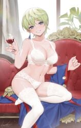 1girls 2d_artwork alcohol artist_name artist_signature ass big_breasts bra breasts cleavage colored daytime digital_media_(artwork) earrings female green_eyes green_hair grinning holding_cup holding_object holding_wine_glass indoors izumo_tenka jacket leaf98k looking_at_viewer mato_seihei_no_slave navel no_shoes on_couch panties partially_clothed plants short_hair sitting sitting_on_chair smile solo_female unworn_jacket white_legwear white_lingerie white_panties white_skin white_thighhighs window wine