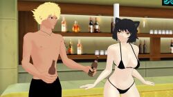 beer beer_bottle bikini bikini_bottom bikini_top black_hair black_hair_female blake_belladonna blonde_hair cat_ears faunus female male rwby sun_wukong_(rwby) theblackbirdcalls yellow_eyes