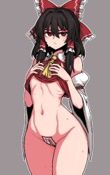 black_hair formicid grabbing_own_breast hakurei_reimu hands_on_breasts hiding_pussy holding_shirt looking_away red_eyes red_ribbon red_shirt reimu_hakurei short_hair skinny skinny_girl sleeves small_waist sweat sweatdrop sweating thick_thighs touhou