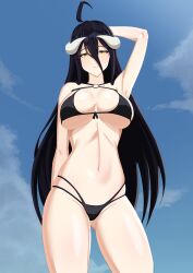 albedo_(overlord) bikini black_hair blue_sky breasts clouds fixer horns large_breasts long_hair overlord_(maruyama) smile succubus yellow_eyes