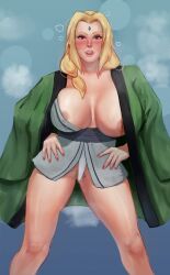 1girls 2023 areolae big_breasts blonde_hair blush boinboinz drunk female female_only hi_res licking_lips looking_at_viewer mature mature_female narrowed_eyes naruto naruto_(series) nipple_peek no_panties solo steam tsunade voluptuous