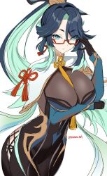 1girls cleavage genshin_impact glasses hiroki_(hirokiart) milf mommy solo_female xianyun_(genshin_impact)