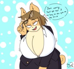 black_suit blue_eyes canine collared_shirt colored dog_ears dog_tail female_only furry gift gigantic_breasts glasses glasses_removed june_(jinu) light_brown_hair mr.lewd open_shirt orange_fur speech_bubble teacher tight_clothing wide_hips