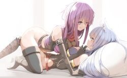 2girls bare_ass bare_thighs bending_over bent_over big_ass big_breasts blue_hair breast_on_breasts breast_squeeze breast_squish busty furry_ears genek long_hair petite petite_body petite_female purple_hair smiling stockings teenager thick_thighs thighhighs wide_hips