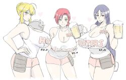 3girls alcohol artoria_pendragon_(fate) artoria_pendragon_(lancer)_(fate) beer beer_mug blonde_hair boudica_(fate) braid breasts cleavage cup fate/grand_order fate_(series) french_braid green_eyes heart hooters huge_breasts mature_female minamoto_no_raikou_(fate) mug multiple_girls name_tag open_mouth purple_eyes purple_hair red_hair romo_(samesameyeah) samesameyeah short_shorts shorts smile tank_top