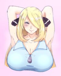 armpits arms_up bare_arms blonde_hair blue_shirt blush breasts brown_eyes cleavage creatures_(company) cynthia_(pokemon) female female_focus game_freak hair_ornament hair_over_one_eye half-closed_eyes highres huge_breasts long_hair looking_at_viewer nintendo pink_background pokemon pokemon_dppt romo_(samesameyeah) samesameyeah shirt simple_background sleeveless sleeveless_shirt smile solo sweat upper_body