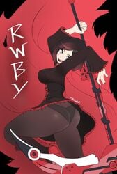 1girls :d ass big_ass black_panties boots bubble_ass bubble_butt corset fanart female female_only gradient_hair posing red_cape ruby_rose rwby scythe see-through short_hair silver_eyes smile solo taigerarts two_tone_hair