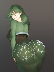 1girls ass back bending_over braid braided_hair breasts cheryl_(pokemon) clothed cum cum_on_ass cum_on_clothes dress eye_contact female female_only fully_clothed green_eyes green_hair grey_background hair_over_eyes heynim huge_ass huge_breasts human large_breasts long_hair looking_at_viewer looking_back pokemon pokemon_dppt smile solo standing text thick_thighs watermark wide_hips