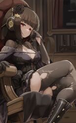 big_breasts black_hair bob_cut boots crossed_legs genek gloves legs_together long_hair looking_at_viewer sitting sitting_on_chair stockings thick_thighs thighs