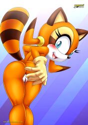 1girls anthro anus ass back_view bbmbbf blue_eyes blush cub female female_only looking_at_viewer marine_the_raccoon mobian_(species) mobius_unleashed nude open_mouth palcomix pussy raccoon sega solo sonic_(series) sonic_the_hedgehog_(series) tongue young