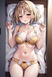 1girls ai_generated belly_button blonde_female blonde_hair blushing bow_bra bow_panties classroom_of_the_elite female female_focus female_only kushida_kikyou laying_on_bed looking_at_viewer looking_pleasured pink_eyes schoolgirl solo_female stomach underwear_only unknown_artist yellow_bra yellow_panties