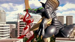 3d alien alien_girl alien_humanoid battle big_mouth city city_background female female_only fight fighting galactic_art large_breasts monster original original_character saliva struggling ultraman_(franchise) ultrawoman