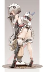 ass bare_legs bob_cut duster elf_ears genek gloves high_heels looking_at_viewer looking_back maid maid_headdress prosthetic_leg skirt skirt_lift skirt_up teenager underwear white_hair