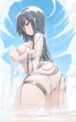 bare_legs bare_thighs big_ass big_breasts black_hair genek long_hair looking_at_viewer looking_back looking_down one-piece_swimsuit petite petite_body petite_female sideboob swimming_pool teenager thick_thighs wet wet_body wet_skin wide_hips