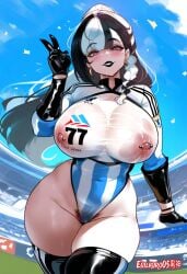 ai_generated argentina argentine_flag curvy_figure evilkuro05 football football_uniform massive_breasts original original_character thick_hips two-tone_hair voluptuous_female