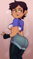 1girl 1girls 2d aged_up ass back_view blush breasts butt choker cute disney disney_channel female female_only fingerless_gloves fully_clothed girl heart latina luz_noceda no_bra open_mouth postblue98 short_hair shorts simple_background smile solo tagme the_owl_house v