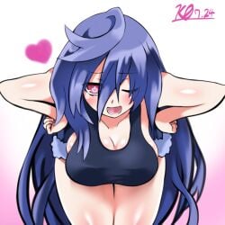 blush breasts cleavage close-up front_view goddess hands_on_hips heart iris_heart kurozero light-skinned_female long_hair looking_at_viewer neptunia_(series) one_eye_closed open_mouth pink_eyes plutia pose purple_hair seductive shiny_skin solo swimsuit wink