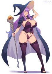 1girls allurmilk breasts female female_only hat hi_res high_heels hips huge_breasts large_hat long_hair naughty_face original original_character purple_hair sierra_peronica simple_background solo thick_thighs thighs wide_hips witch_hat zheng