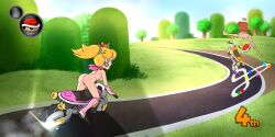 anus ass breasts casual_nudity crown drifting exposed_torso female footwear genitals handwear human jumping mario_(series) mario_kart motorcycle pale_skin princess_daisy princess_peach public_nudity pussy race_track rasenxoru red_shell road tagme tree vagina