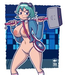 1girls black_eyes blue_hair female goggles goggles_on_head hammer holding_object jacket nude nude_female ramona_flowers scott_pilgrim shaved_pussy short_hair solo solo_female tsmdraws weapon