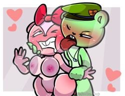 1boy 1boy1girl 1girls animal_genitalia blush cute dumbass_candy flippy flippy_(htf) furry furry_only giggles giggles_(htf) green_body green_hair green_hat green_skin happy_tree_friends heart licking looking_at_another looking_at_partner looking_pleasured looking_up military_hat nude pink_body pink_fur pink_hair pink_skin red_bow squirrel squirrel_girl squirrel_humanoid tits_on_glass