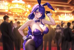 1girls ai_generated bare_shoulders black_gloves blush braided_ponytail casino crowded detached_collar fake_animal_ears fake_rabbit_ears fake_rabbit_tail female genshin_impact hand_on_hip hand_up large_breasts looking_at_viewer mole_under_eye people_in_background purple_bowtie purple_eyes purple_hair purple_leotard raiden_shogun standing thighband_pantyhose very_long_hair