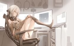 bare_thighs barefoot feet gaming_chair genek headset leg_up long_hair looking_at_viewer panties petite petite_body sitting_on_chair socks socks_removed stockings sweater teenager white_hair