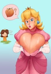 2023 2girls absurd_res alternate_breast_size big_breasts blonde_hair blue_eyes boinboinz breast_press breasts_pressed_together brown_hair character_in_background cleavage crown earrings english_text female female_only huge_breasts looking_at_viewer mario_(series) nintendo pink_lipstick princess_daisy princess_peach text