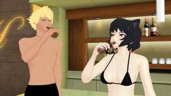 1boy 1girls bikini bikini_top black_hair black_hair_female blake_belladonna blonde_hair faunus rwby sun_wukong_(rwby) tan_skin theblackbirdcalls