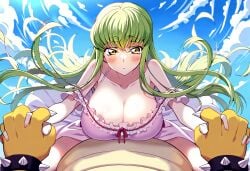 1boy 1girls ai_generated big_breasts blue_sky blush bowser bracelet breasts c.c. cleavage clothed_sex clothing code_geass cowgirl_position crossover dress female girl_on_top grabbing_hands green_hair handholding holding_hands human interlocked_fingers interspecies large_breasts long_hair looking_at_viewer male male/female mario_(series) pov pov_eye_contact sky spiked_bracelet straight yellow_eyes