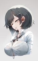 big_breasts black_hair bob_cut bra brown_eyes genek looking_at_viewer one_eye_closed see-through see-through_clothing teenager tight_clothing