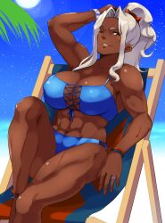 1girls abs absurdres alternate_costume armband bare_arms bare_legs barefoot beach beach_chair bikini blue_bikini blue_swimsuit breasts brown_eyes cleavage covered_nipples dark-skinned_female dark_skin female female_only fire_emblem fire_emblem_engage full_moon grey_hair high_ponytail highres inner_sideboob jewelry large_breasts long_hair looking_at_viewer mature mature_female moon muscular muscular_female night nintendo ocean one_eye_closed outdoors palm_tree ponytail ring saphir_(fire_emblem) sky smile solo star_(sky) starry_sky swimsuit tetsuji_(i_ttj_f_c) tree wink