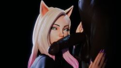 1boy 1boy1girl 1girl 1girls 3d absurd_res ahri animal_ears blonde_hair blowjob dark-skinned_male dark_skin eye_contact female fox_ears hi_res highres huge_balls huge_cock interracial k/da_all_out_ahri k/da_all_out_series k/da_series league_of_legends light-skinned_female looking_at_viewer lucian_(league_of_legends) multicolored_hair side_view sucking_penis the_baddest_ahri vastaya