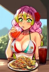 1girls 2d 2d_(artwork) ai_generated bikini bikini_top bra breasts cleavage demon_slayer drinking eating female food green_eyes kanroji_mitsuri large_breasts looking_at_viewer mexican_flag pink_hair solo straw tacos vacation