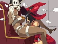 2girls arc_system_works black_hair blush bob_cut breasts commission cum cum_censor cum_in_mouth dark-skinned_female dark-skinned_futanari dark_skin fellatio futa_with_female futanari guilty_gear hat i-no interracial intersex large_breasts multiple_girls oral penis ramlethal_valentine short_hair signum_(nanohanano77) uncensored white_hair