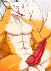 2017 animal_genitalia animal_penis anthro balls canid canine canine_genitalia canine_penis erection fox fur genitals hi_res knot licking licking_lips licking_own_lips male mammal mask multi_tail multicolored_body multicolored_fur navel nipples nnecgrau nude orange_body orange_fur penis self_lick signature solo spread_legs spreading tail teeth tongue tongue_out white_body white_fur