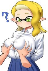 1girls asymmetrical_hair blush breast_grab breasts cleavage female hi_res huge_breasts inkling inkling_girl long_hair nintendo nobunagapero peronattu pov school_uniform schoolgirl simple_background splatoon splatoon_(series) yellow_hair