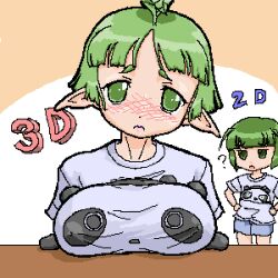 2girls :< ? bangs big_breasts blush clothing elf elf_ears elf_female female female_only green_eyes green_hair light-skinned_female light_skin looking_at_viewer microsoft_paint pixel_art pointy_ears san-x short_hair small_image tarepanda