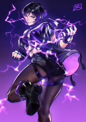 1girls 2023 bent_leg black_and_purple_hair black_hair electricity female female_only highlights_(coloring) juaagacgy kyuuakaku looking_at_viewer namco pantyhose purple_highlights reina_mishima smiling smiling_at_viewer solo standing_on_one_leg tekken tekken_8 very_high_resolution