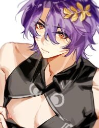 dr._ratio_(honkai:_star_rail) honkai:_star_rail honkai_(series) male_nipples male_only nipples pecs purple_hair red_eyes showing_nipple showing_off