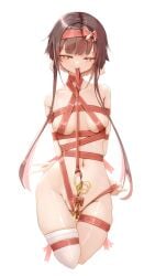 bare_thighs belly_button brown_hair christmas_decorations genek hair_ornament horny_female looking_at_viewer petite petite_body petite_female red_eyes short_hair_with_long_locks slim_waist small_breasts teenager tied_up