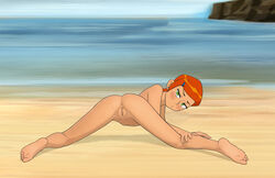 1girls anaxus anus ass back_view barefoot beach ben_10 blush calf_muscles embarrassed feet female female_only green_eyes gwen_tennyson innie_pussy looking_at_viewer looking_back ocean on_floor orange_hair outdoors pussy sand short_hair small_breasts solo tagme