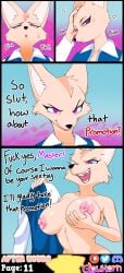 absurd_res aggressive_retsuko aggretsuko anthro areola areolae big_breasts big_ears black_nose blinking blue_clothing blue_shirt blue_topwear brainwashed brainwashing breast_grab breasts brown_body brown_fur canid canine clothed clothing collared_shirt comic comic_page corrupted corruption dazed dialogue empty_eyes english_text evil_face evil_grin evil_look eyelashes female fennec_fox fenneko fox fur furry glowhorn grin hand_on_breast hand_on_head hi_res hypnosis mammal mind_control nipples nude office office_clothing open_mouth page_11 page_number pink_eyes sanrio sharp_teeth shirt simple_background smile smug smug_face solo submissive submissive_female talking_to_another teeth topwear trance true_fox white_clothing white_shirt white_topwear