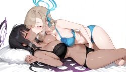 2girls asuna_(blue_archive) bed black_bra black_hair black_panties black_skin blonde_hair blue_archive blue_bra blue_panties fingering_partner fingering_through_panties halo karin_(blue_archive) kissing large_breasts romantic white_background yuri