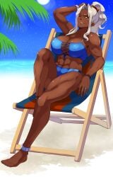 1girls abs absurdres alternate_costume armband bare_arms bare_legs barefoot beach beach_chair bikini blue_bikini blue_swimsuit breasts brown_eyes cleavage covered_nipples dark-skinned_female dark_skin female female_only fire_emblem fire_emblem_engage full_moon grey_hair high_ponytail highres inner_sideboob jewelry large_breasts long_hair looking_at_viewer mature mature_female moon muscular muscular_female night nintendo ocean one_eye_closed outdoors palm_tree ponytail ring saphir_(fire_emblem) sky smile solo star_(sky) starry_sky swimsuit tetsuji_(i_ttj_f_c) tree wink