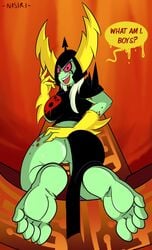 5_toes alien ass barefoot breasts clothed clothing dialogue disney english_text feet female female_only foot_focus freckles green_skin humanoid lord_dominator nasiri_(artist) soles solo text toes wander_over_yonder